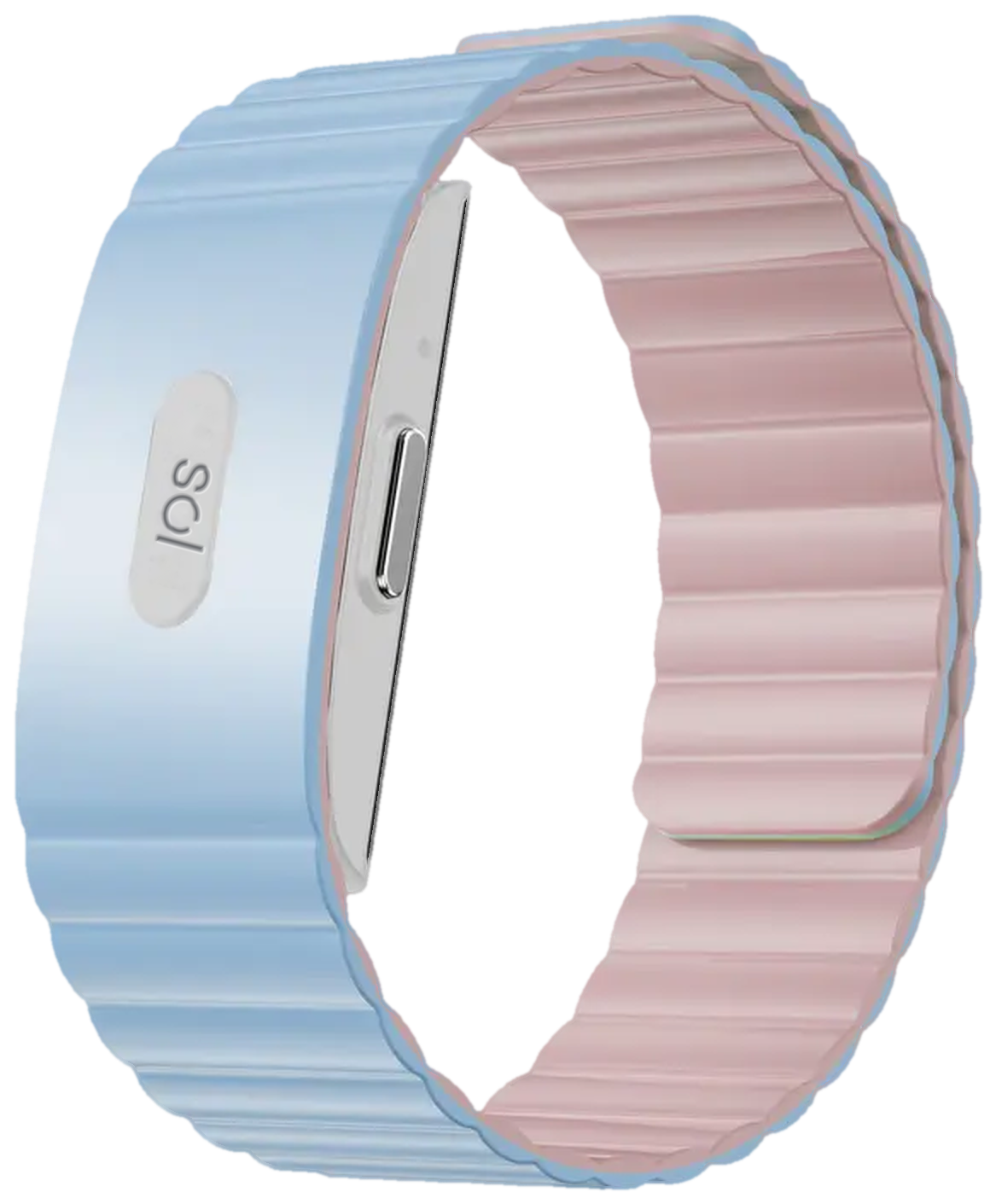 Sol Band Dawn: a sky blue and soft pink band with the Sol mark engraved on its pill